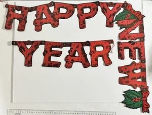 Vintage “Happy New Year” Paper Banner Sign Decoration Holly Japan - Imagen 1 de 4