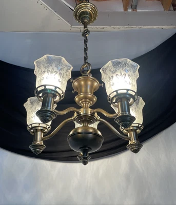 REWIRED Antique Arts & Crafts Deco Victorian Chandelier Argand Gasolier Style - Image 1 of 4