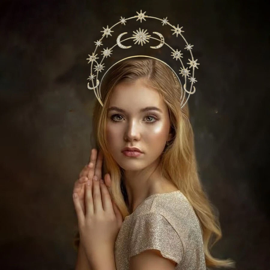 Sun Moon Stars Goddess Crown Halo Headband Cown Tiara, Boho Gold Halo Headpiece - Image 1 of 3