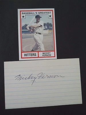 Mickey Vernon Autograph on 3" X 5" Index card with Baseball card 1st Base - Image 1 of 2