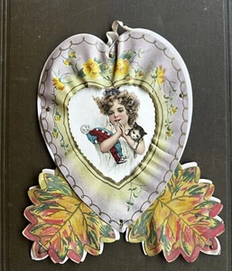 Antique 1900s heart girl with clown cat paper lithographed paper Valentine used - Picture 1 of 7
