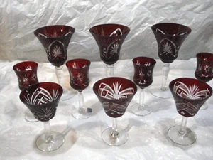 Vintage lot of 10 Bohemian Crystal Ruby Red Cut to Clear Wine Cordial Glasses - Picture 1 of 14
