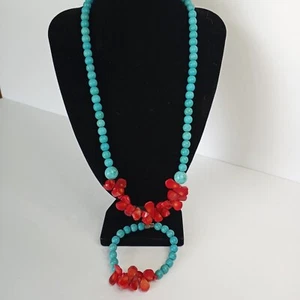 Set of 2, Women's Natural Stone & Shell, Necklace, Bracelet, Turquoise, Coral - Picture 1 of 6