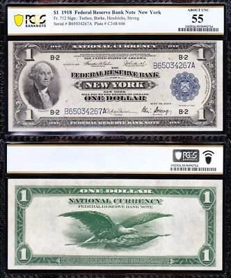 Amazing Crisp HIGH GRADE 1918 $1 New York FRBN Note! PCGS 55! FREE SHIP! 34267A - Image 1 of 3