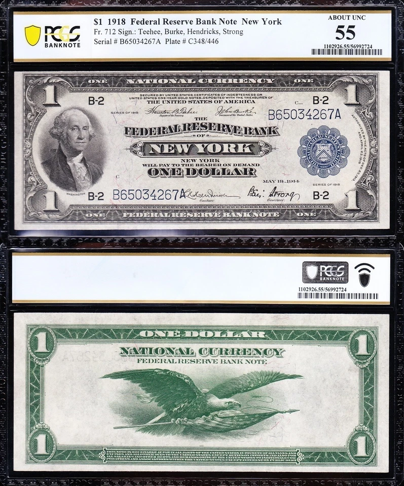 Amazing Crisp HIGH GRADE 1918 $1 New York FRBN Note! PCGS 55! FREE SHIP! 34267A - Image 1 of 3