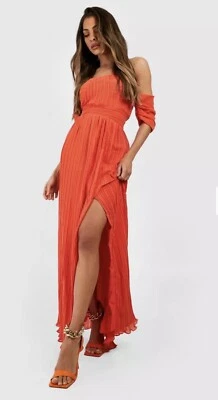 Maxi Vestido Hombro Descubierto Gasa Naranja 14 Etéreo Capricho Hada Boho Chic Fluido Foto 1 de 3