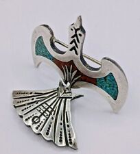 Signed Zuni Sterling Silver Turquoise /Coral Inlaid Thunderbird HINGED TAIL Pin