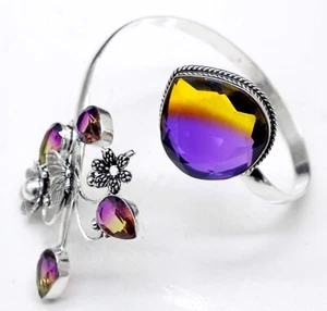925 Sterling Silver Bi_Color Ametrine Gemstone Jewelry Cuff Bracelet Size-ADJ - Picture 1 of 8