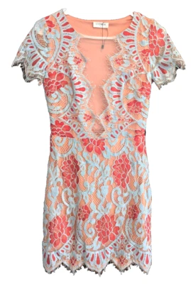 Storia Floral Lace Eyelash Dress Coral Pink Blue BodyCon  Sheer Mesh Size Small - Image 1 of 4