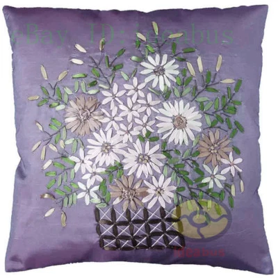 Square Chinese Hand Ribbon Embroidered Floral Satin Cushion Cover/Pillow case - Image 1 of 4