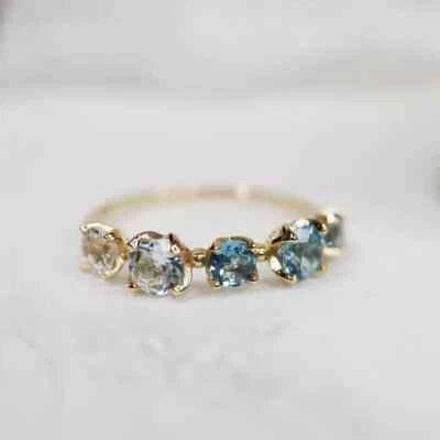 Anillo Vintage Pequeño Topacio Azul Aguamarina Chapado en Oro 18K Retro Delicado Banda Abierta Foto 1 de 4
