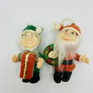 Pair Vintage Flocked Santa Wreath Elf Toymaker 4" Christmas Ornaments Hong Kong - Picture 1 of 5