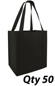 50 Grocery Bags Shopping  Black Reusable Eco Large Size Tote Strong Bottom Base - Picture 1 of 2