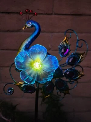 Solar Peacock Flower Embedded Jewel Tail Stake, Garden Decor - Image 1 of 4