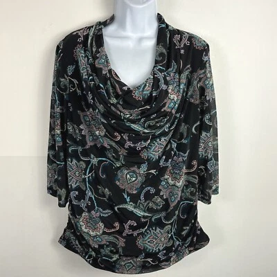 Top para mujer Dana Buchman talla L negro cachemir floral capucha cuello boho chic Foto 1 de 4