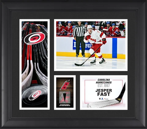 Jesper Fast Carolina Hurricanes FRMD 15" x 17" Collage with a Piece of GU Puck Cover