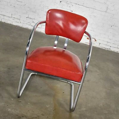 简线艺术装饰悬臂椅铬和红色乙烯基 Attr Kem Webber-Lloyds — 第 1/4 张图片