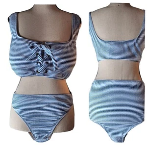 J Crew Women’s NEW Blue & White Striped Lace-Up Bathing Suit Bikini Set-Size 3X - Picture 1 of 19
