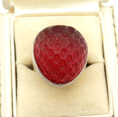Anillo Hecho a Mano Plata Esterlina Vidrio Rojo Fresa Fruta Ajustable Talla 6+ Kitsch Foto 1 de 4