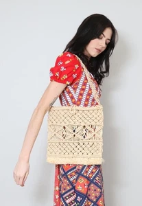 70's Vintage Beige Straw Ladies Shoulder Shopper Bag Retro Boho Folk Hippy - Picture 1 of 3