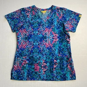 Wonder Wink Scrub Top Womens Small Pink Blue Abstract Print Poly Stretch 6257 - Picture 1 of 8
