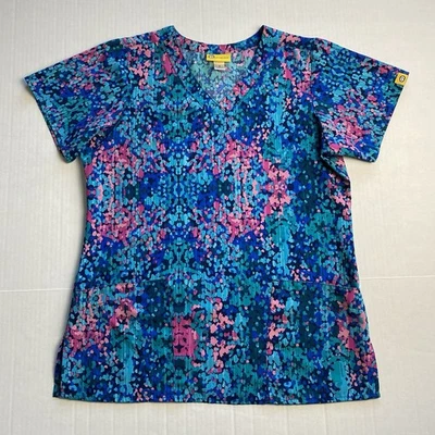 Wonder Wink Scrub Top Womens Small Pink Blue Abstract Print Poly Stretch 6257 - Image 1 of 4