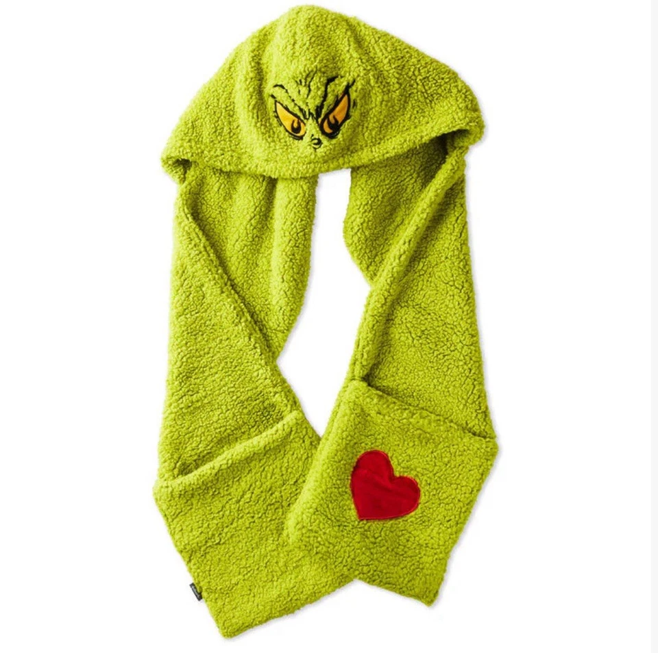 Hallmark Grinch Hooded Scarf With Pockets 68x9 Fleece Soft Cozy Christmas Green