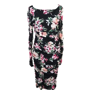 NWT Lulus Black Ruched Floral Dress Midi Dress Puff Long Sheer Sleeves Flowers M - Picture 1 of 8