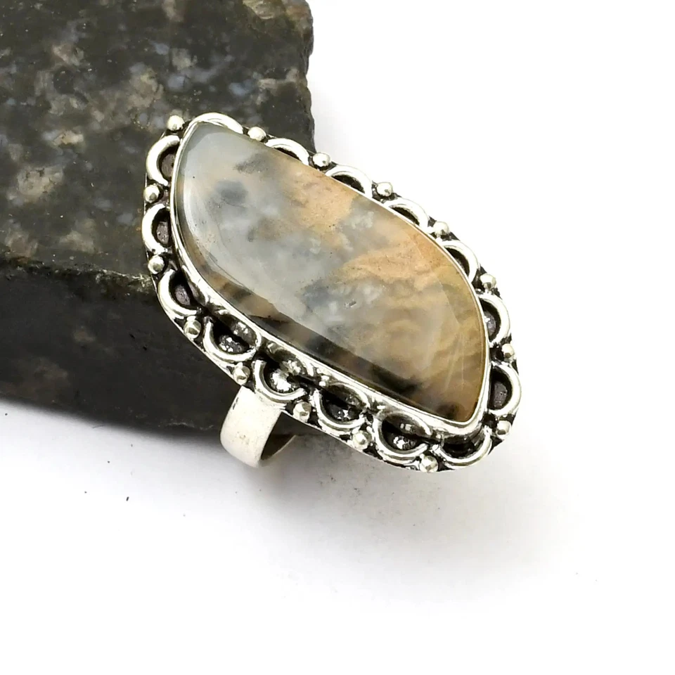 Anillo étnico hecho a mano de piedras preciosas de ágata para regalo talla EE. UU. 8,25 AR 27897 Foto 1 de 1