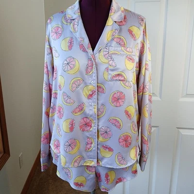 Gilly Hicks Hollister Satin Citrus Fruit Print Sleep Set XL purple LS top shorts - Image 1 of 4