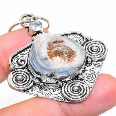 Ciondolo in argento sterling 925 con pietra preziosa topazio bianco druzy ros... - Immagine 1 di 4