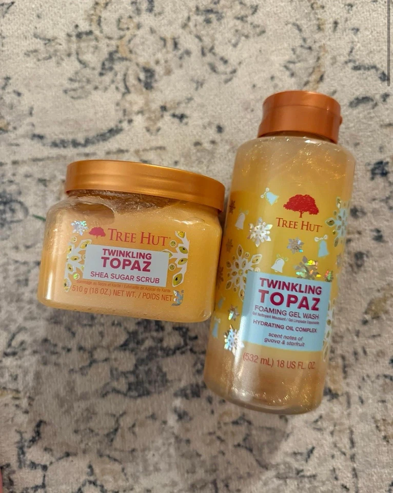 Exfoliante corporal y gel espumoso Tree Hut Twinkling Topacio azúcar de karité - 18 oz cada uno Foto 1 de 1