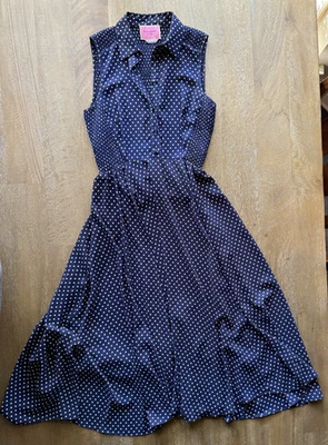 Vestido Kate Spade Sin Mangas Cuello Azul Oscuro Blanco Lunares Fruncido Talla 00 Foto 1 de 4
