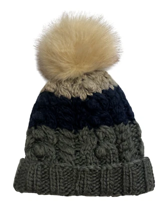 Gorro Free People Gris Azul Marino Colorblock Tejido con Cable Forrado Mezcla de Lana OSFA Pom Foto 1 de 4