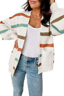 Women Beige Drop Shoulder Pocketed Stripe Sweater Cardigan