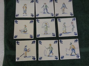 Vintage Set of 9 KLM Airlines Dutch Delft Ceramic POLICHROME Tile Coasters Games - Picture 1 of 11