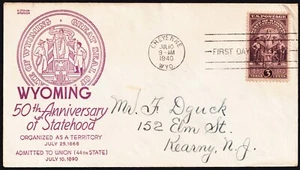 US 1940 Wyoming Statehood (897) . First Day Cover . Anderson Cachet - Picture 1 of 1
