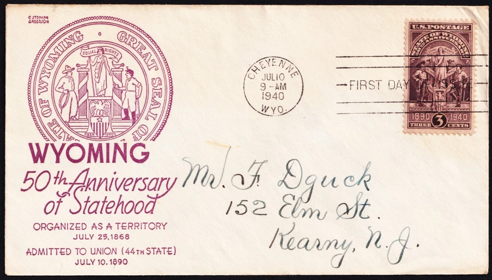 US 1940 Wyoming Statehood (897) . First Day Cover . Anderson Cachet - Image 1 of 1