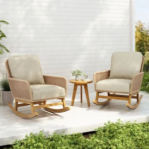 Modern 3-Piece Outdoor Seating Set with Beige Cushioned PE Rattan Rocking Chairs - Picture 1 of 12