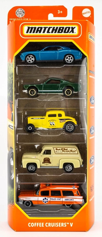 2024 Matchbox Coffee Cruisers 5-Pack | Cadillac | Dodge | Ford | MoonEyes | FSB - Image 1 of 1