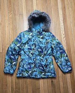 FADED GLORY GIRL WINTER COAT XL (14-16) GREEN BLUE FLORAL SKI JACKET GREAT COND. - Picture 1 of 24