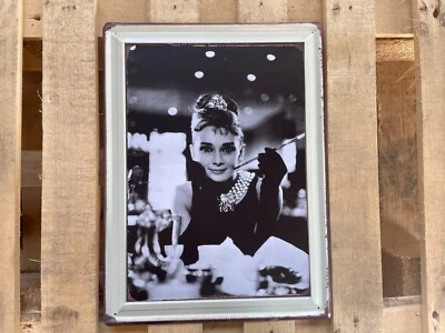 Vintage Style Metal Sign Classic Audrey Hepburn Smoking Printed Retro Wall Art - Image 1 of 3