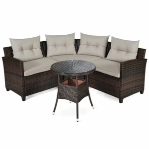 4PCS Patio Outdoor Garden Furniture Rattan Sofa Set With Tempered Glass Table - Picture 1 of 12