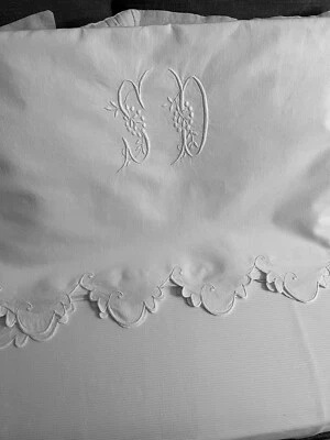 linge ancien Drap De Mariage En Lin  festonné Avec Retour Grand Monogramme S D - Photo 1/4