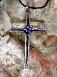 SOLID STERLING SILVER HANDMADE DESIGNER 'RIPPED' CROSS with AAA AMETHYST - Picture 1 of 5