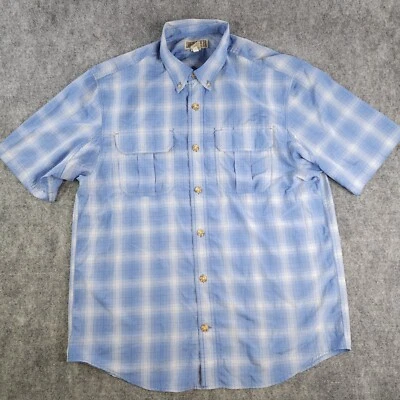 Duluth Shirt Large Blue Plaid Short Sleeve Button Down Nylon Polyester Pockets - Image 1 of 4