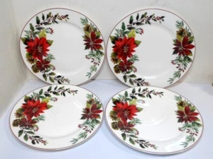 Set of 4 PLAID POINSETTIA SALAD PLATES By Grace Teaware Christmas Pattern 8" Dia - Picture 1 of 4