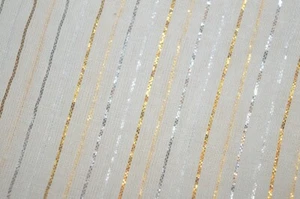 GOLD SILVER METALLIC STRIPES CREAM SEMI SHEER BLOUSE FABRIC 2 YDS + FREE 34 IN - Picture 1 of 7