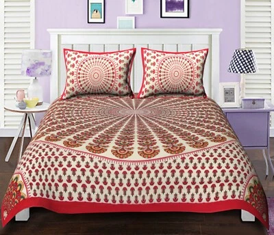 Indian Peacock Floral 100% Cotton Double Size Bed Sheet With 2 Pillow Covers Set - Image 1 of 4