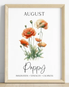 Geburtsmonat Blume Kunstdruck August, Mohn Blumen Wandbild Deko, Wohndeko - Bild 1 von 2